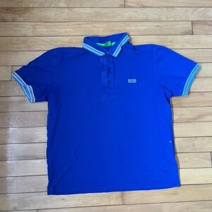 Hugo Boss Green Label Mens Modern Fit Polo Shirt Royal Blue Large Striped Trim